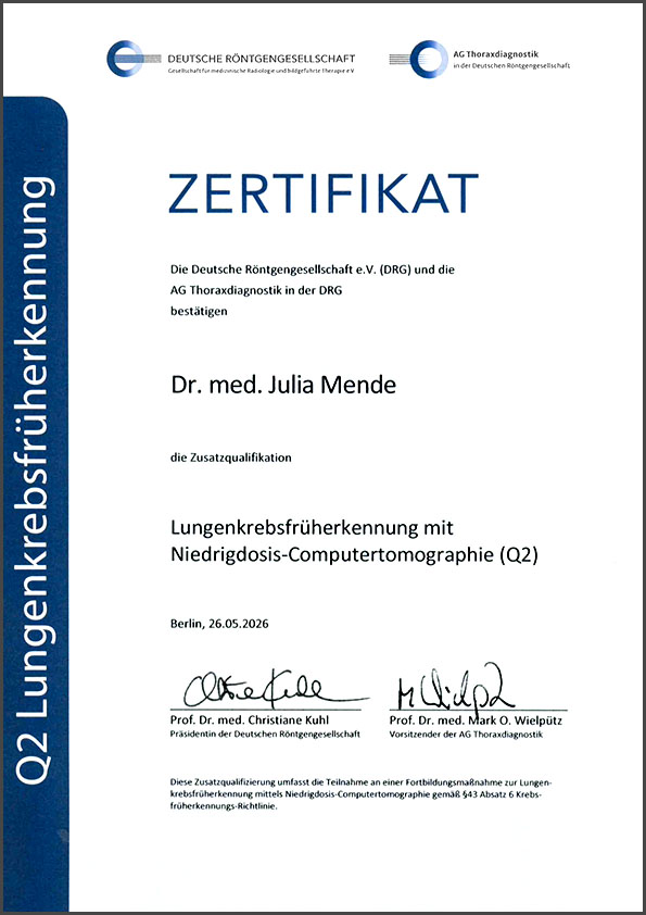 Zertifikat Dr. Mende Lungenkrebsfrüherkennung